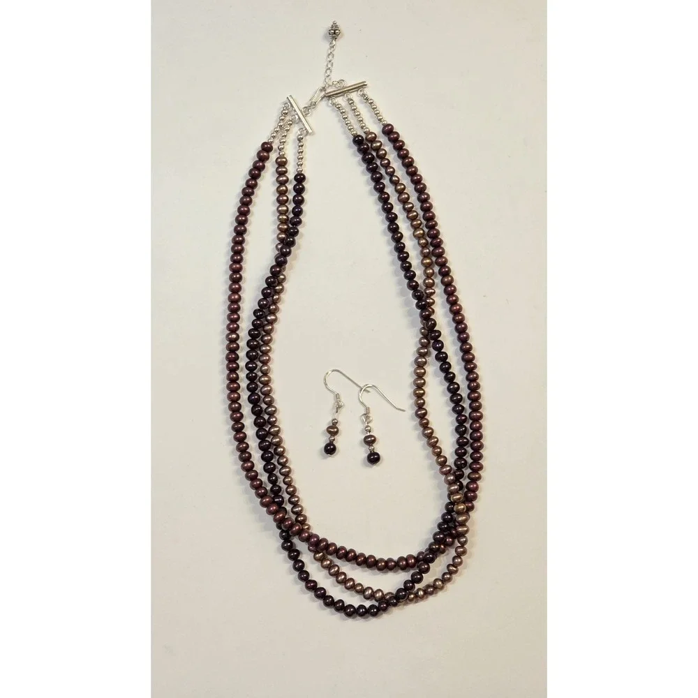 Triple Strand Burgundy Purple Pearl & Sterling Silver Necklace & Earrings Set